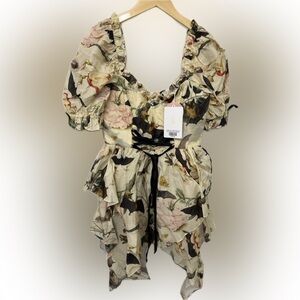 Selkie Cream Floral Mini Dress with Puff Sleeves